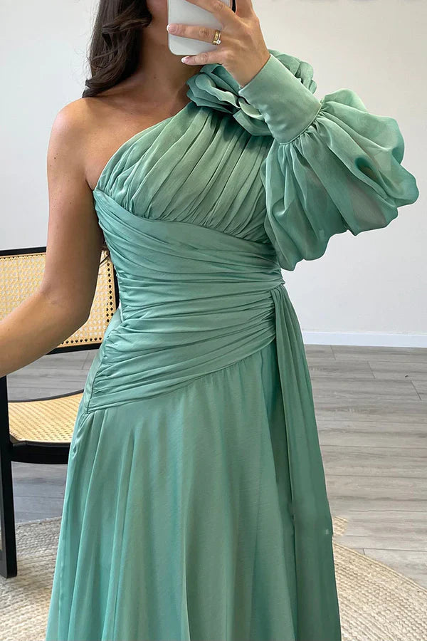 Luolandi A-line One Shoulder Pleated Long Prom Dress Elegant Evening Party Dress Chic Wedding Guest Dress