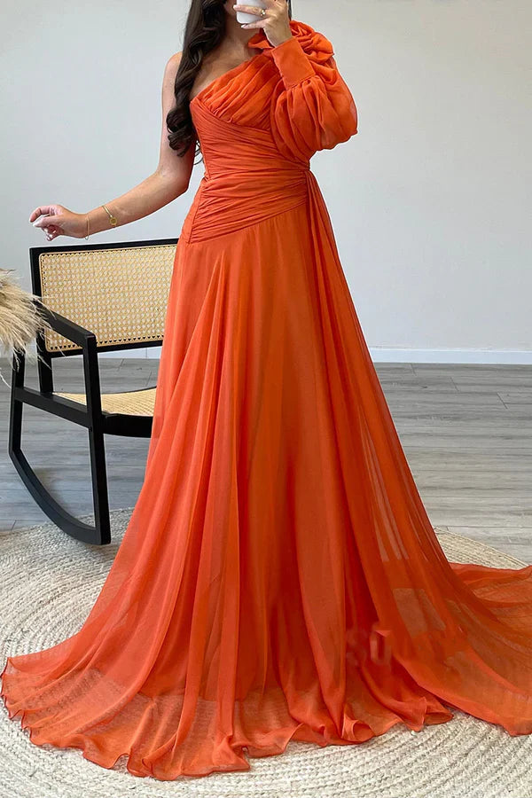 Luolandi A-line One Shoulder Pleated Long Prom Dress Elegant Evening Party Dress Chic Wedding Guest Dress