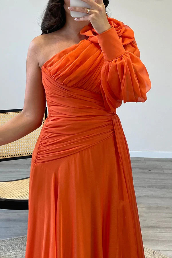 Luolandi A-line One Shoulder Pleated Long Prom Dress Elegant Evening Party Dress Chic Wedding Guest Dress