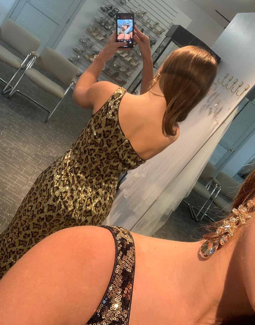 Luolandi Mermaid One Shoulder Leopard Prom Dress Floor Length Sexy Evening Dresses