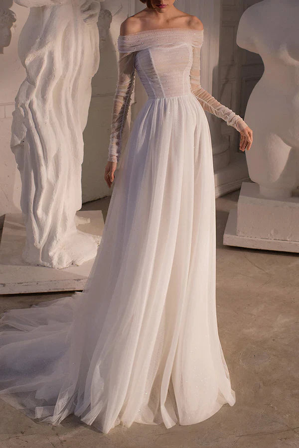 Luolandi A line strapless pearl long sleeved trailing beach wedding dress Off Shoulder Beautiful