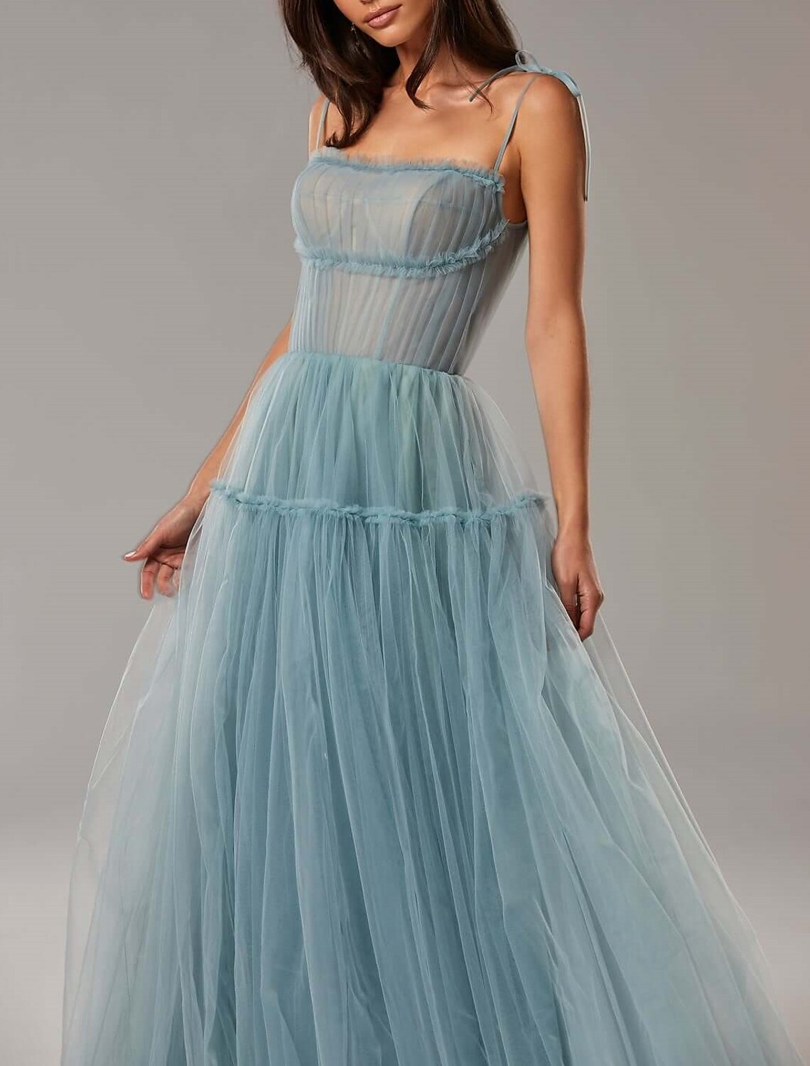 Luolandi A-Line Prom Dresses Elegant Dress Wedding Guest Floor Length Sleeveless Spaghetti Strap Tulle