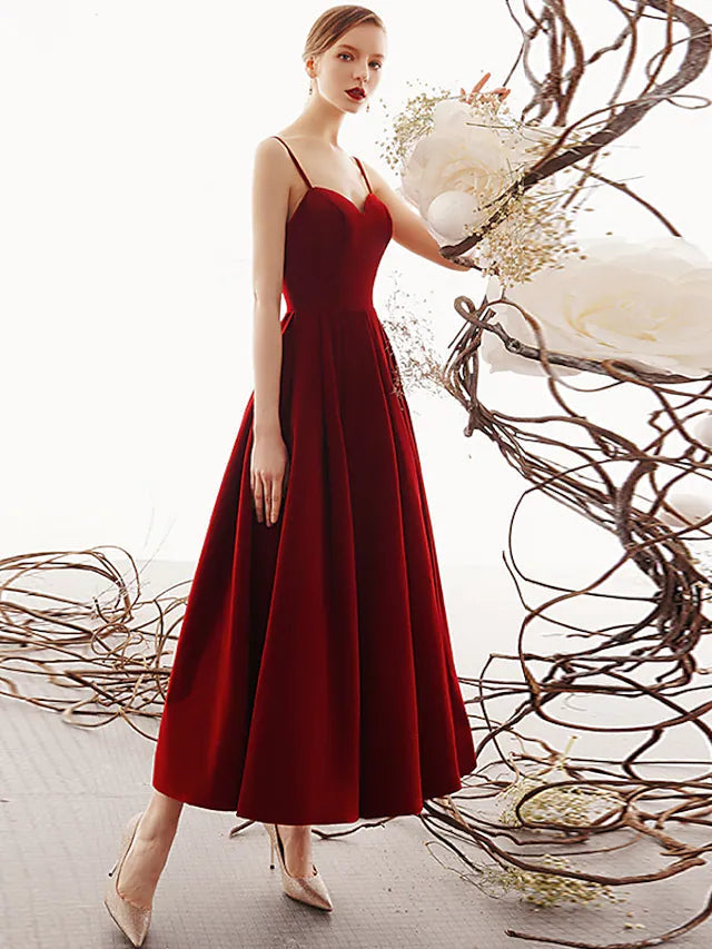 Luolandi A-Line Prom Dresses Beautiful Back Dress Party Wear Ankle Length Sleeveless Spaghetti Strap Velvet with Sleek