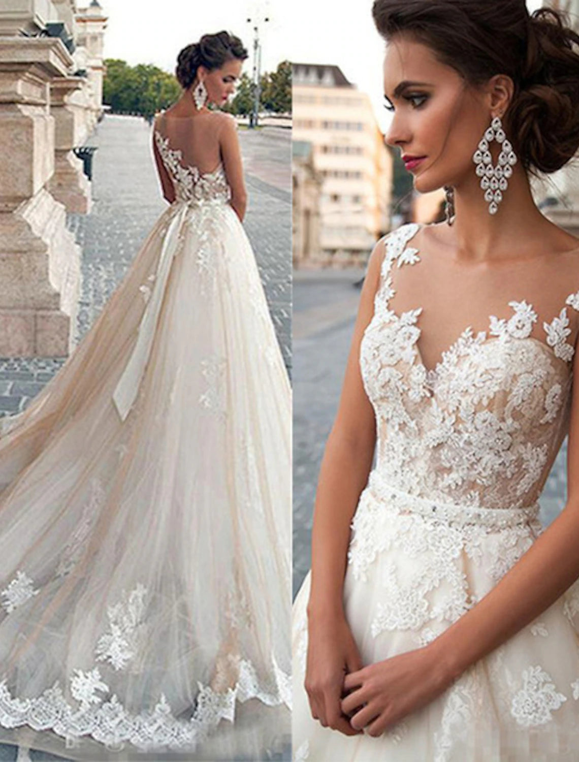 Luolandi Engagement Open Back Formal Wedding Dresses Ball Gown Illusion Neck Sleeveless Court Train Satin Bridal Gowns