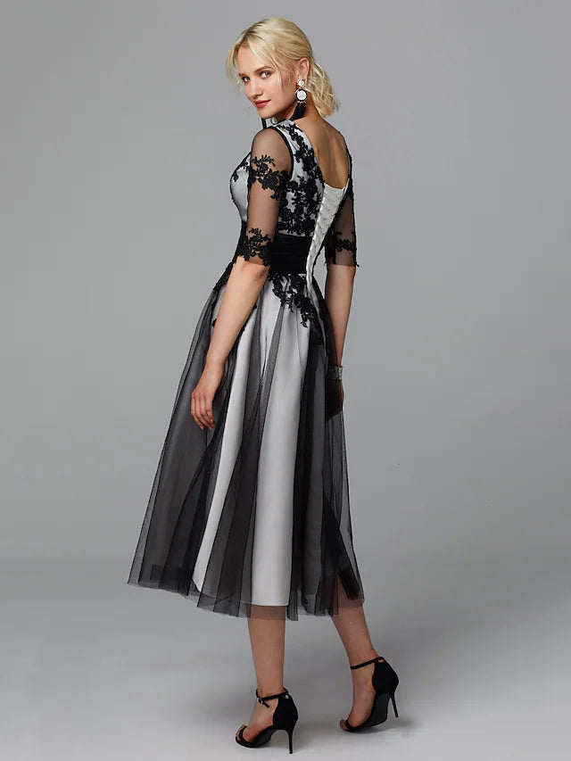 Luolandi A-Line Vintage Dress Wedding Guest Tea Length Half Sleeve Jewel Neck Lace with Sash / Ribbon