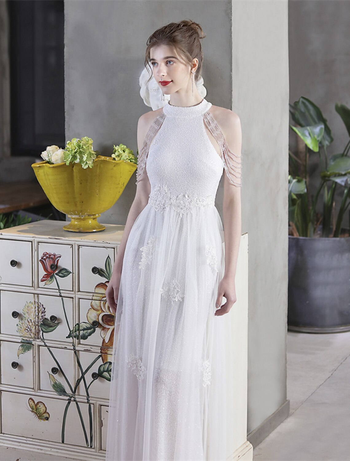 Luolandi A-Line Prom Dresses Sparkle & Shine Dress Party Wear Floor Length Short Sleeve High Neck Polyester with Sequin