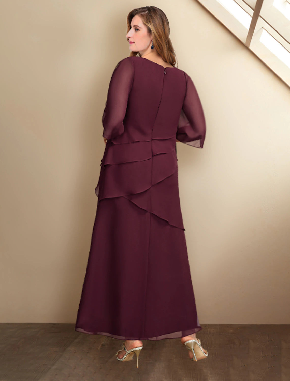 Luolandi A-Line Mother of the Bride Dresses Plus Size Hide Belly Curve Elegant Dress Formal Ankle Length Half Sleeve Jewel Neck Chiffon