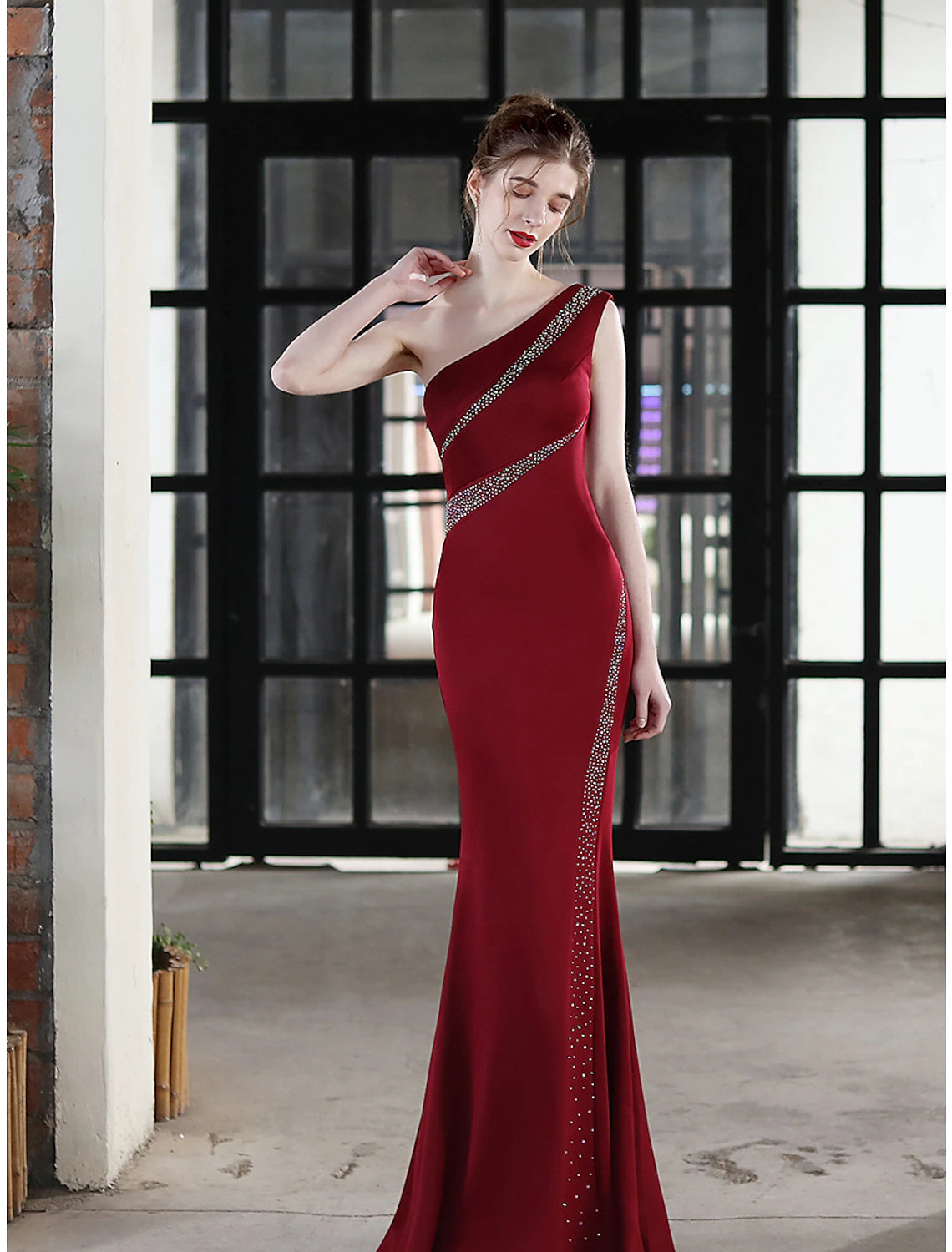 Luolandi Mermaid / Trumpet Evening Gown Sexy Dress Wedding Guest Formal Evening Floor Length Sleeveless One Shoulder Satin