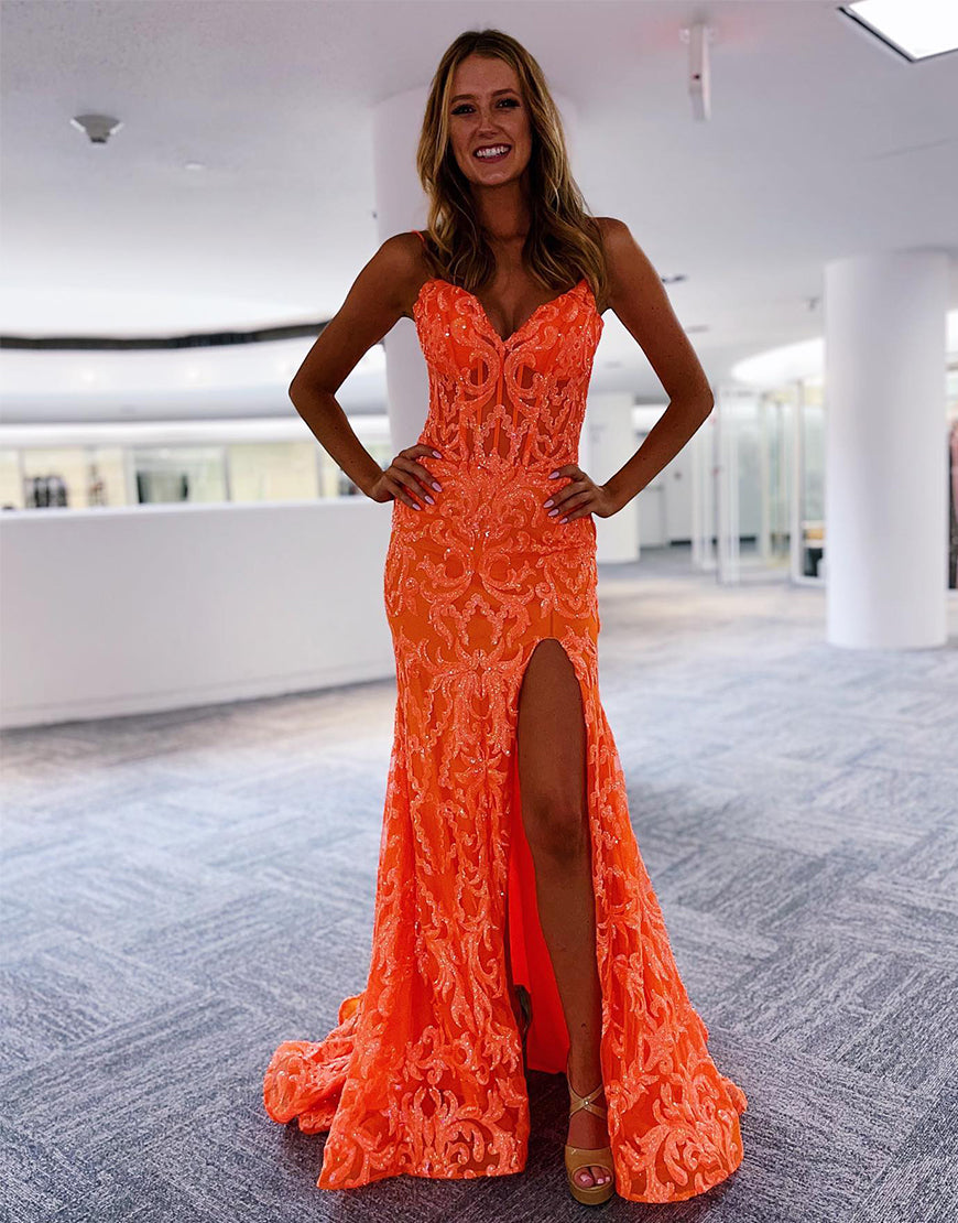 Luolandi V-neck Glitter Slit Prom Dress Floor Length Sexy Evening Dress