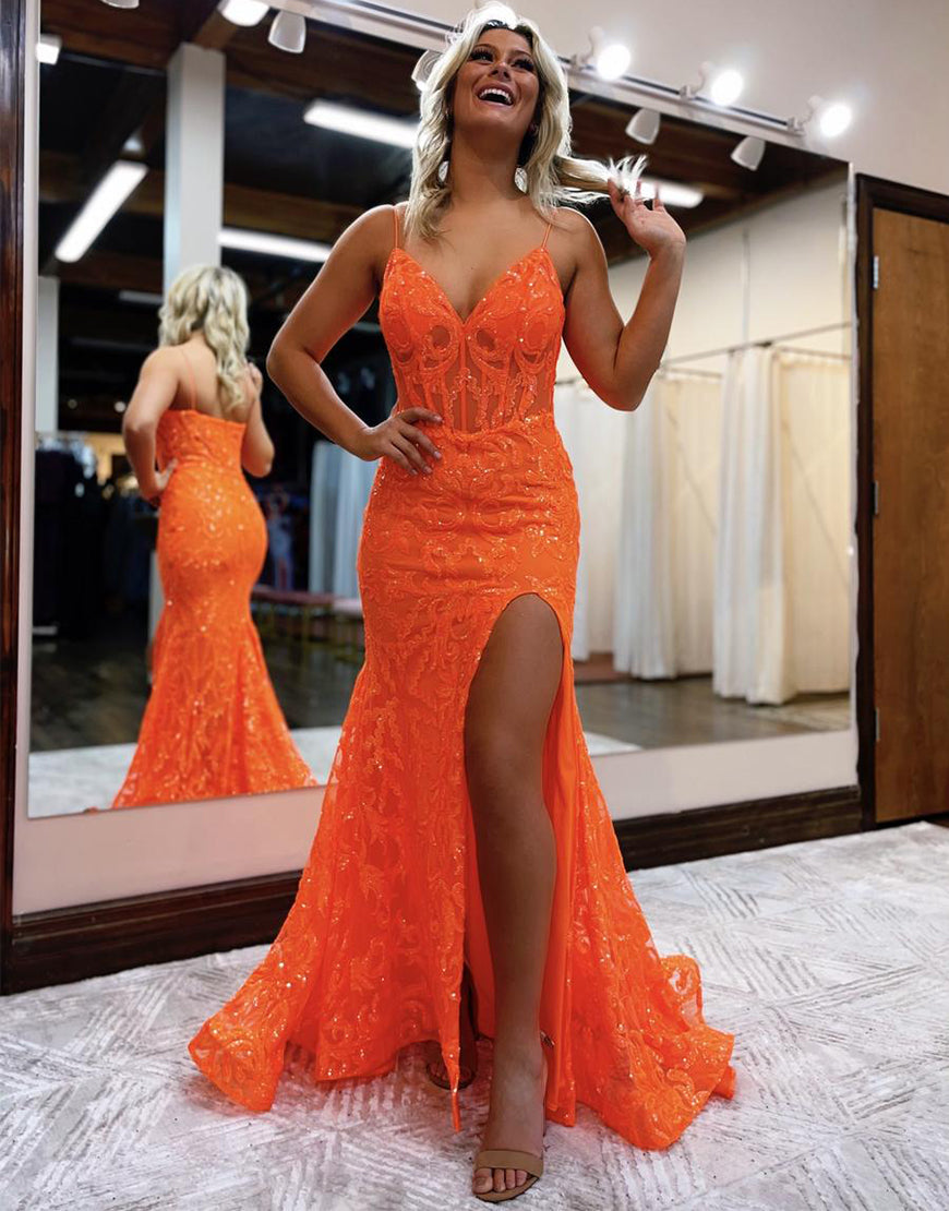 Luolandi V-neck Glitter Slit Prom Dress Floor Length Sexy Evening Dress