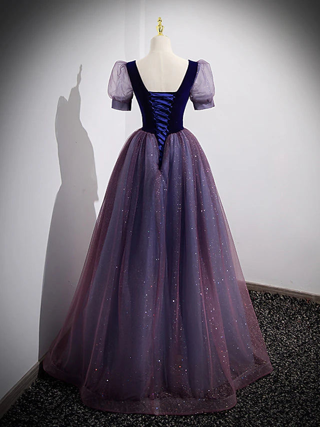 Luolandi A-Line Prom Dresses Sparkle & Shine Dress Prom Floor Length Short Sleeve Scoop Neck Tulle