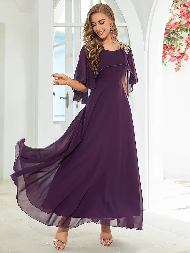 Luolandi A-Line Wedding Guest Dresses Elegant Dress Party Wear Floor Length Half Sleeve Jewel Neck Chiffon