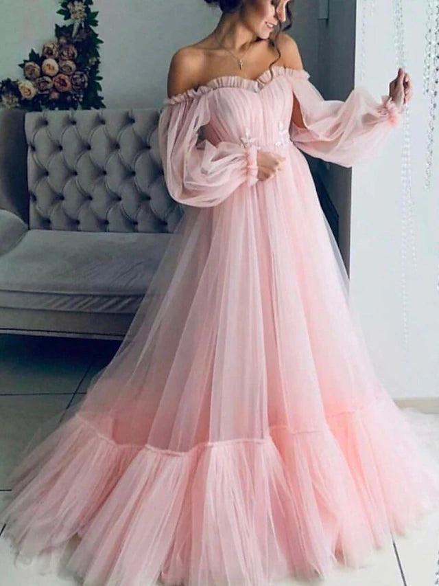 Luolandi A-Line Minimalist Elegant Engagement Prom Dress Off Shoulder Long Sleeve Floor Length Tulle