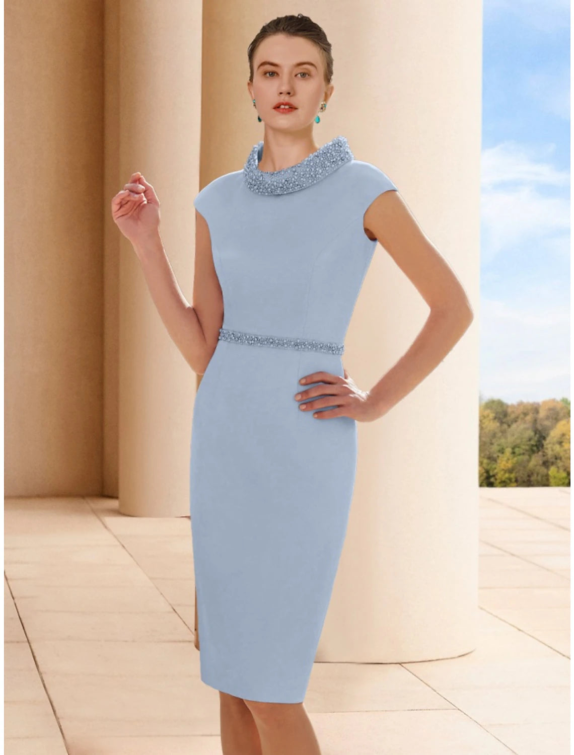 Luolandi Two Piece Sheath / Column Mother of the Bride Dress Wedding Guest Elegant Petite Scoop Neck Knee Length Satin 3/4 Length Sleeve with Feather
