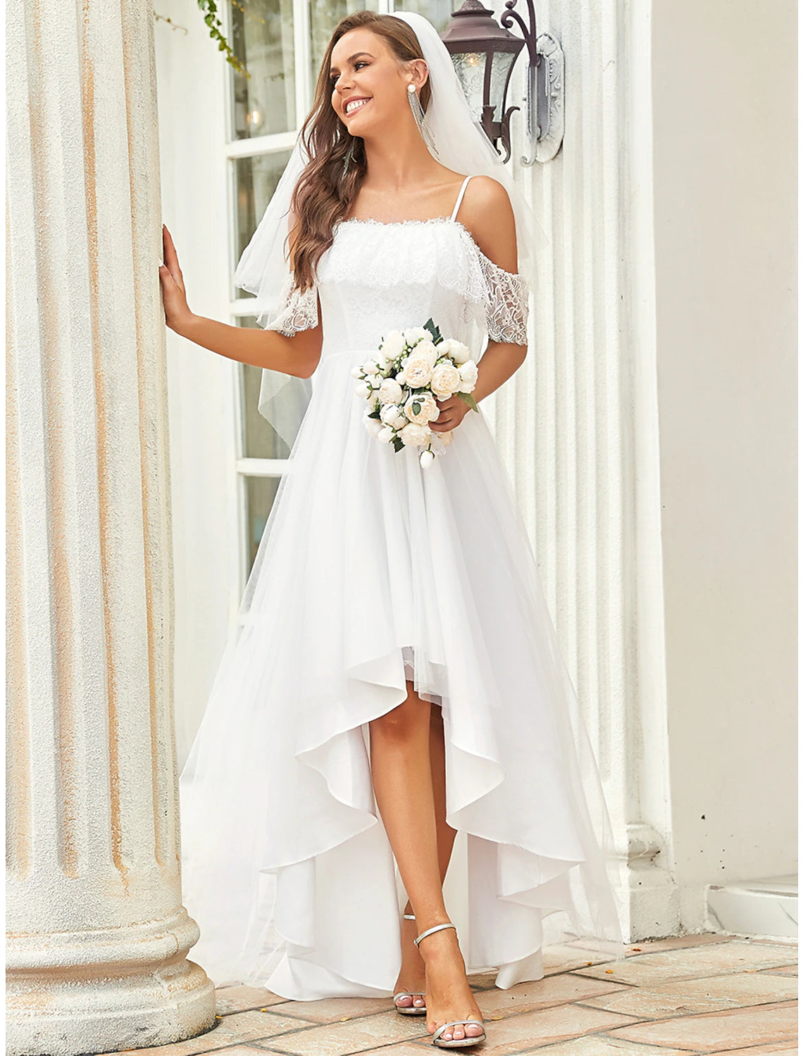 Luolandi Reception Little Dresses Boho Wedding Dresses A-Line Off Shoulder Short Sleeve Asymmetrical Lace Bridal Gowns