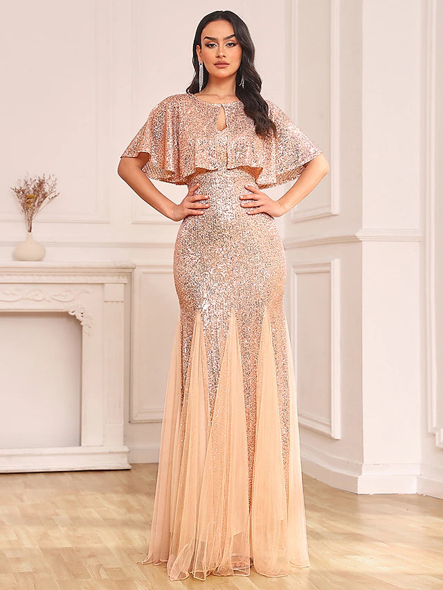 Luolandi Two Piece Mermaid / Trumpet Party Dresses Sparkle & Shine Dress Prom Floor Length Sleeveless V Neck Capes Tulle V Back with Sequin