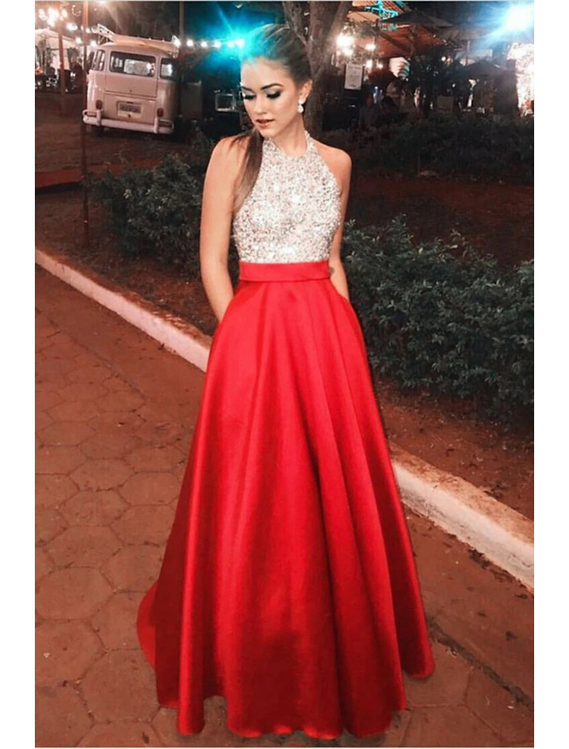 Luolandi A-Line Prom Dresses Color Block Dress Engagement Floor Length Sleeveless Halter Satin with Pleats