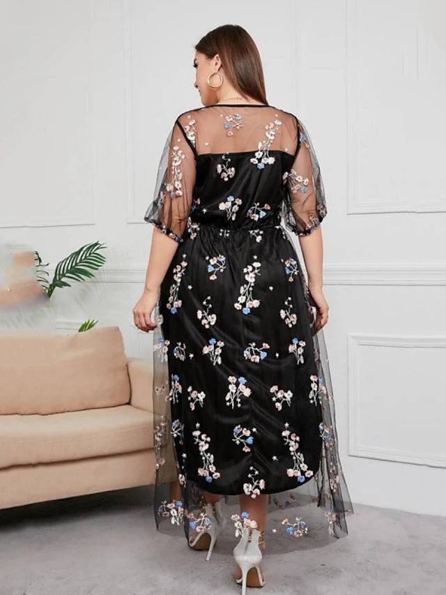 Luolandi Plus Size Curve Mother of the Bride Dress Party Sparkle & Shine Scoop Neck Ankle Length Tulle Half Sleeve with Sequin