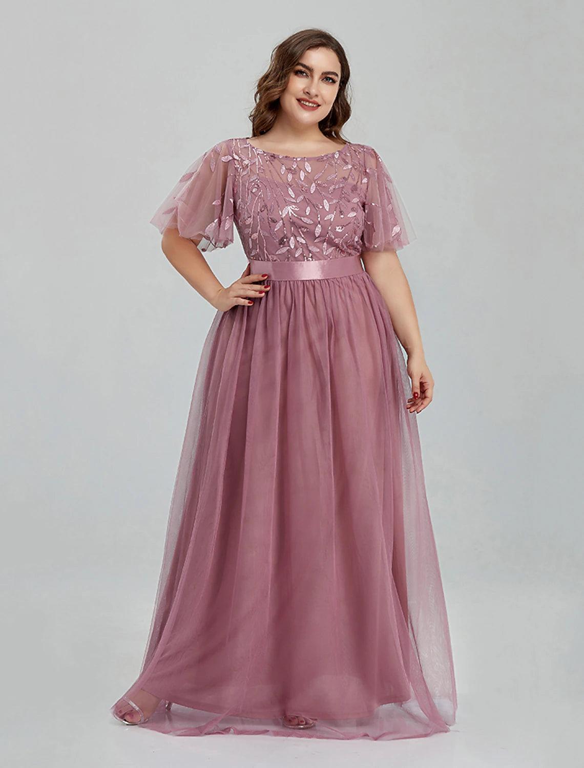 Luolandi A-Line Prom Dresses Floral Dress Party Wear Quinceanera Floor Length Short Sleeve Jewel Neck Bridesmaid Dress Tulle Wedding Guest Dress