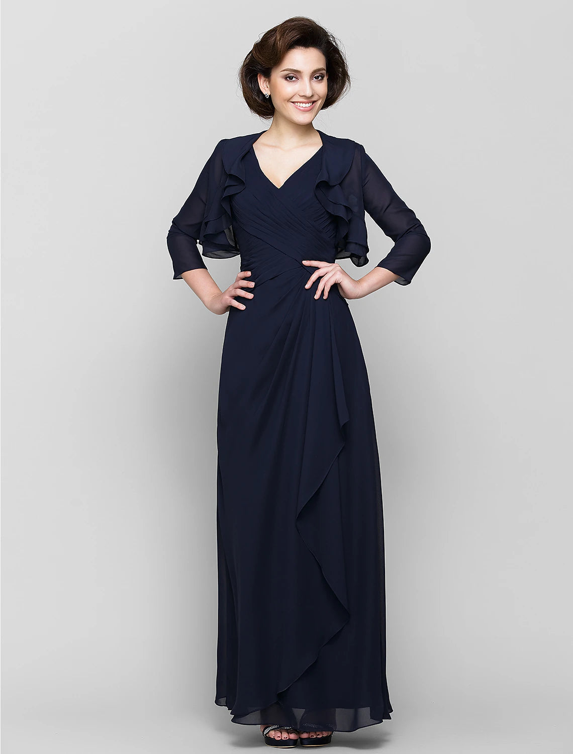 Luolandi Sheath / Column Mother of the Bride Dress Convertible Dress V Neck Floor Length Chiffon 3/4 Length Sleeve with Criss Cross Cascading