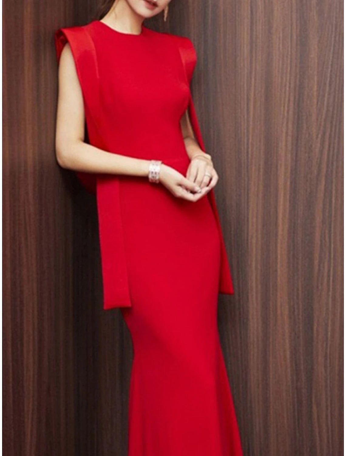 Luolandi Mermaid / Trumpet Evening Gown Elegant Christmas Red Green Dress Dress Formal Sweep / Brush Train Sleeveless Jewel Neck Fabric