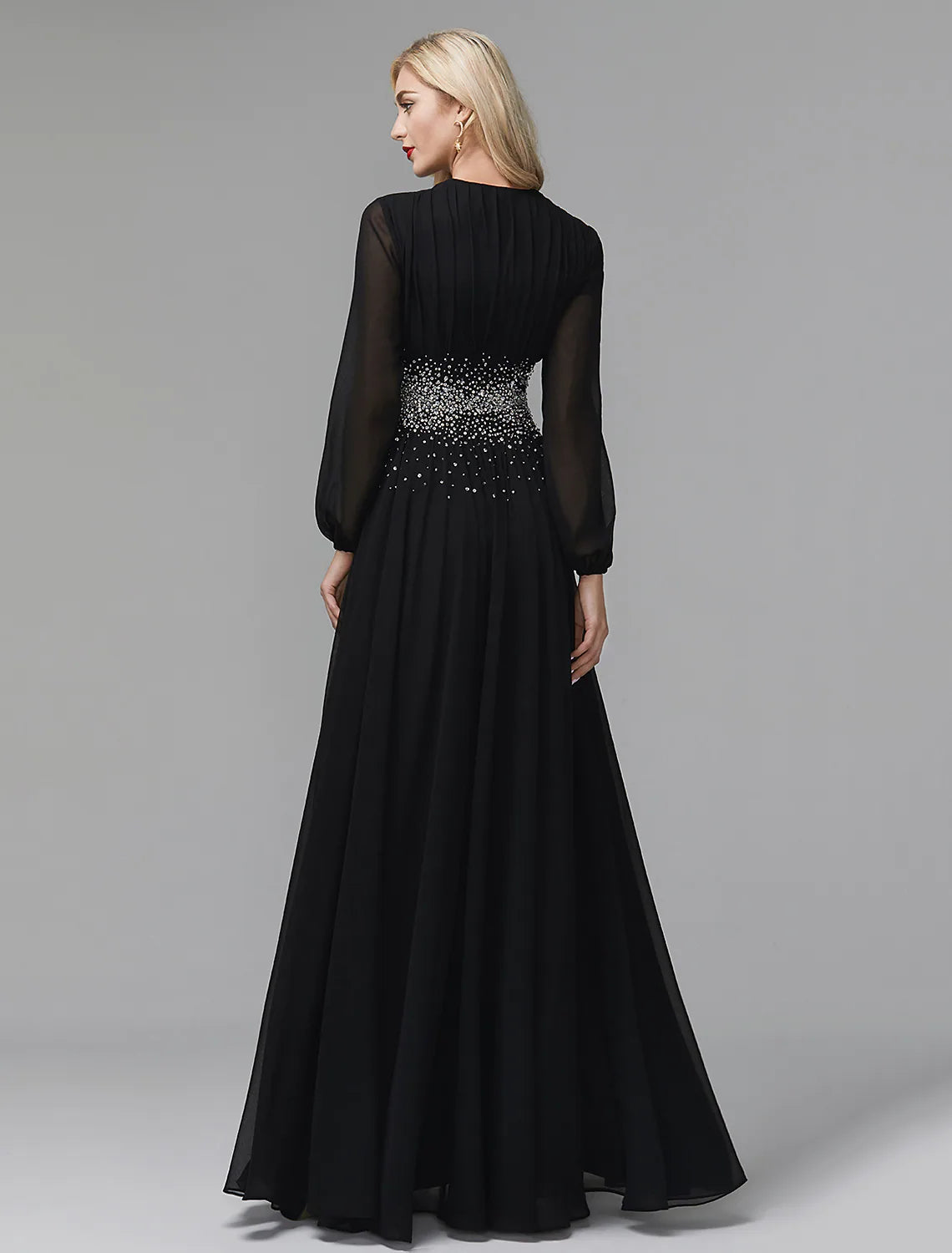 Luolandi A-Line Evening Dress Celebrity Red Carpet Formal Gown Black Tie Wedding Guest Floor Length Long Sleeve V Neck Chiffon