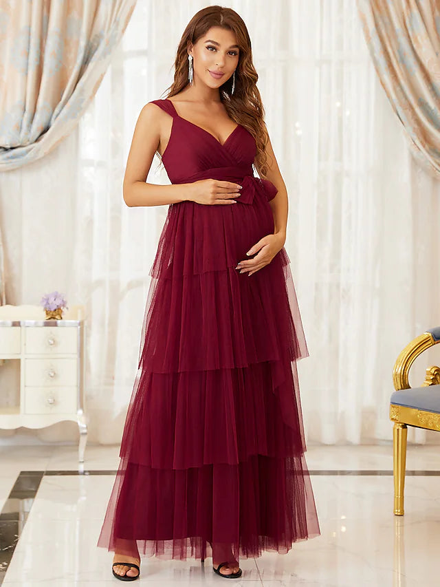 Luolandi A-Line Maternity Cute Formal Evening Dress V Neck Sleeveless Floor Length Tulle with Tier