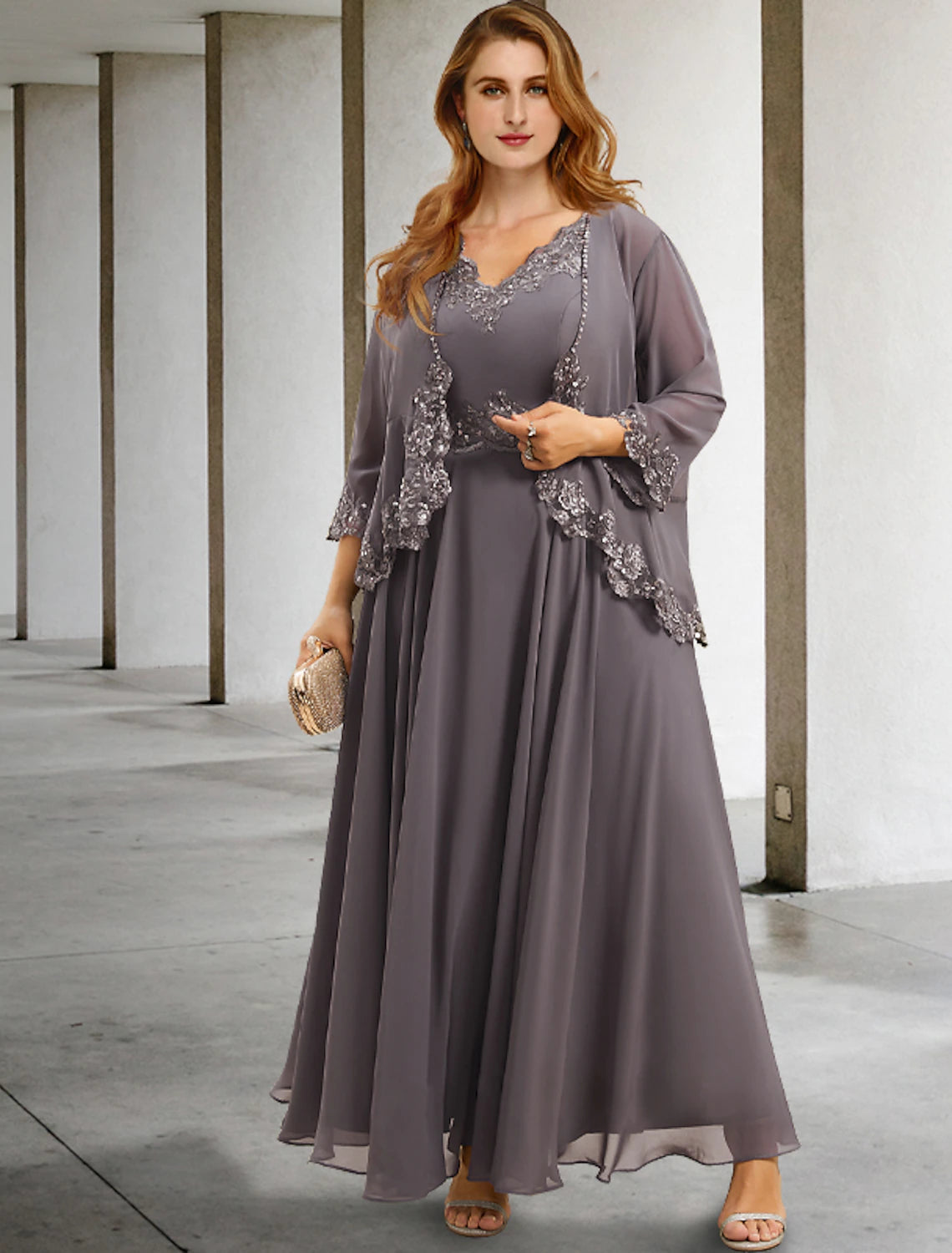 Luolandi Two Piece A-Line Wedding Guest Dresses Plus Size Hide Belly Elegant Dress Formal Tea Length Sleeveless V Neck Chiffon