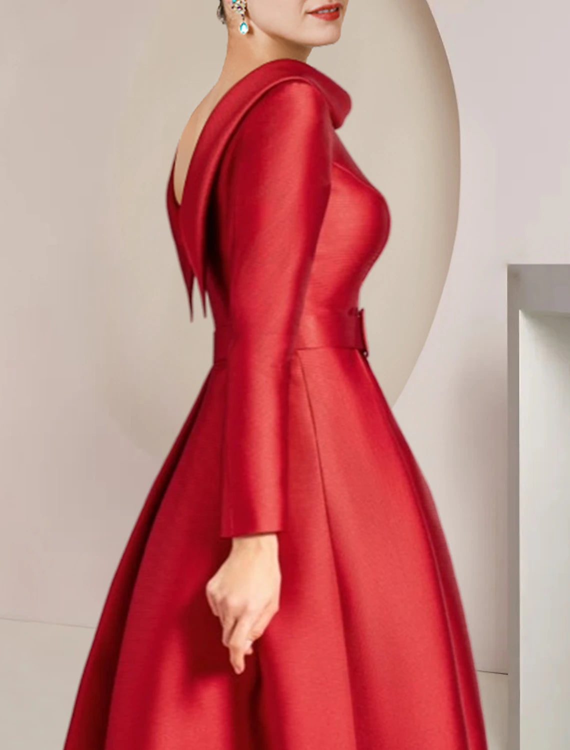 Luolandi A-Line Mother of the Bride Dress Wedding Guest Party Elegant High Low Scoop Neck Asymmetrical Knee Length Satin Long Sleeve