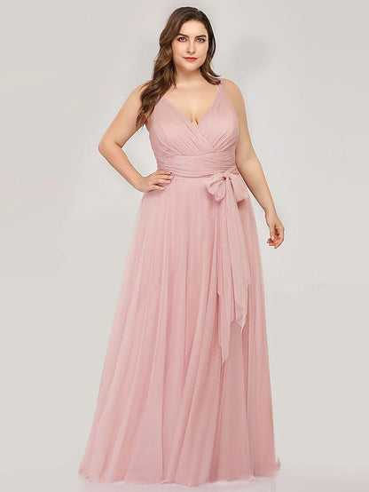 A-Line Bridesmaid Dress V Neck Sleeveless Plus Size Floor Length Tulle with Bow(s) / Ruching