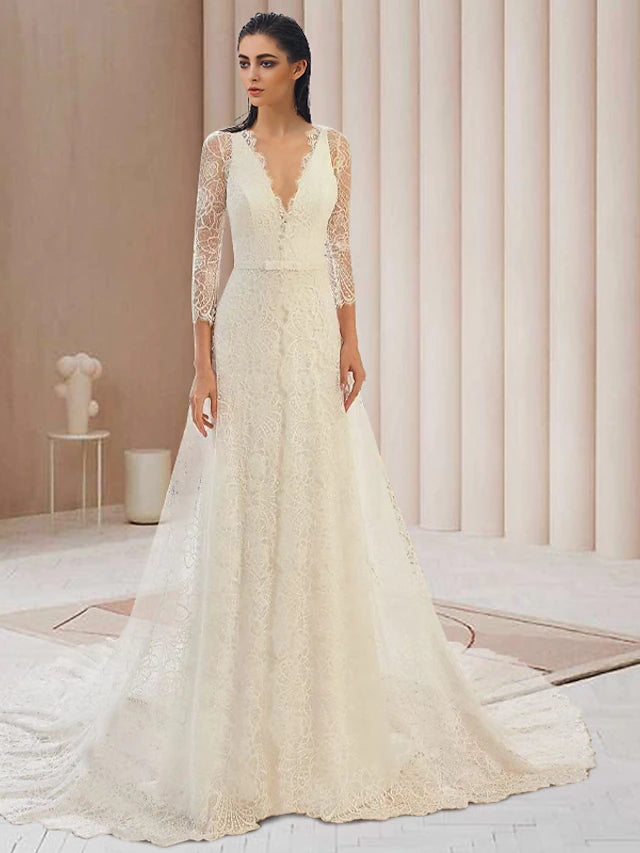 Luolandi Engagement Open Back Formal Wedding Dresses Court Train Two Piece Long Sleeve V Neck Lace