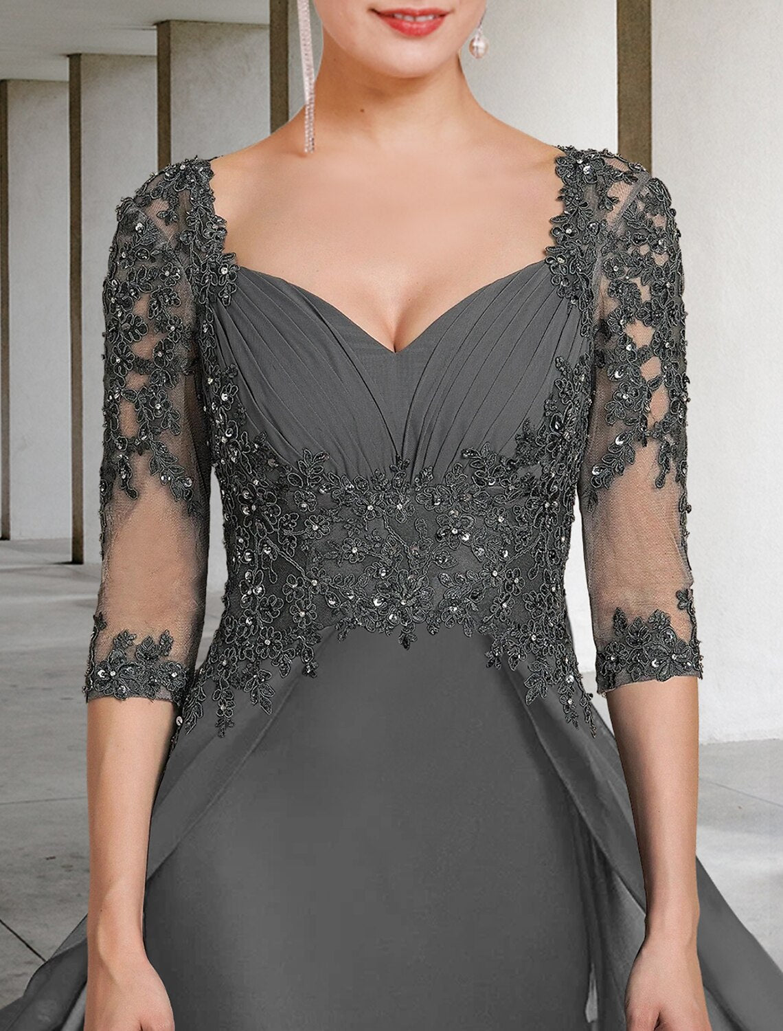 Luolandi Sheath / Column Mother of the Bride Dress Formal Wedding Guest Party Elegant Square Neck Floor Length Chiffon Lace 3/4 Length Sleeve