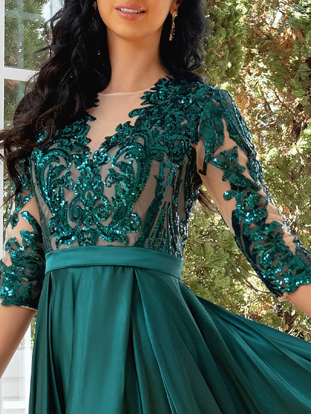 Luolandi A-Line Evening Gown Elegant Dress Wedding Party Floor Length Half Sleeve Illusion Neck Satin with Pleats Sequin