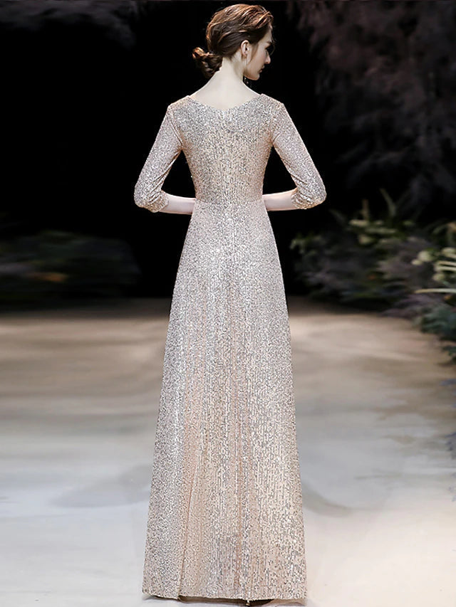 Luolandi A-Line Prom Dresses Sparkle Dress Engagement Floor Length 3/4 Length Sleeve V Neck Sequined with Pleats