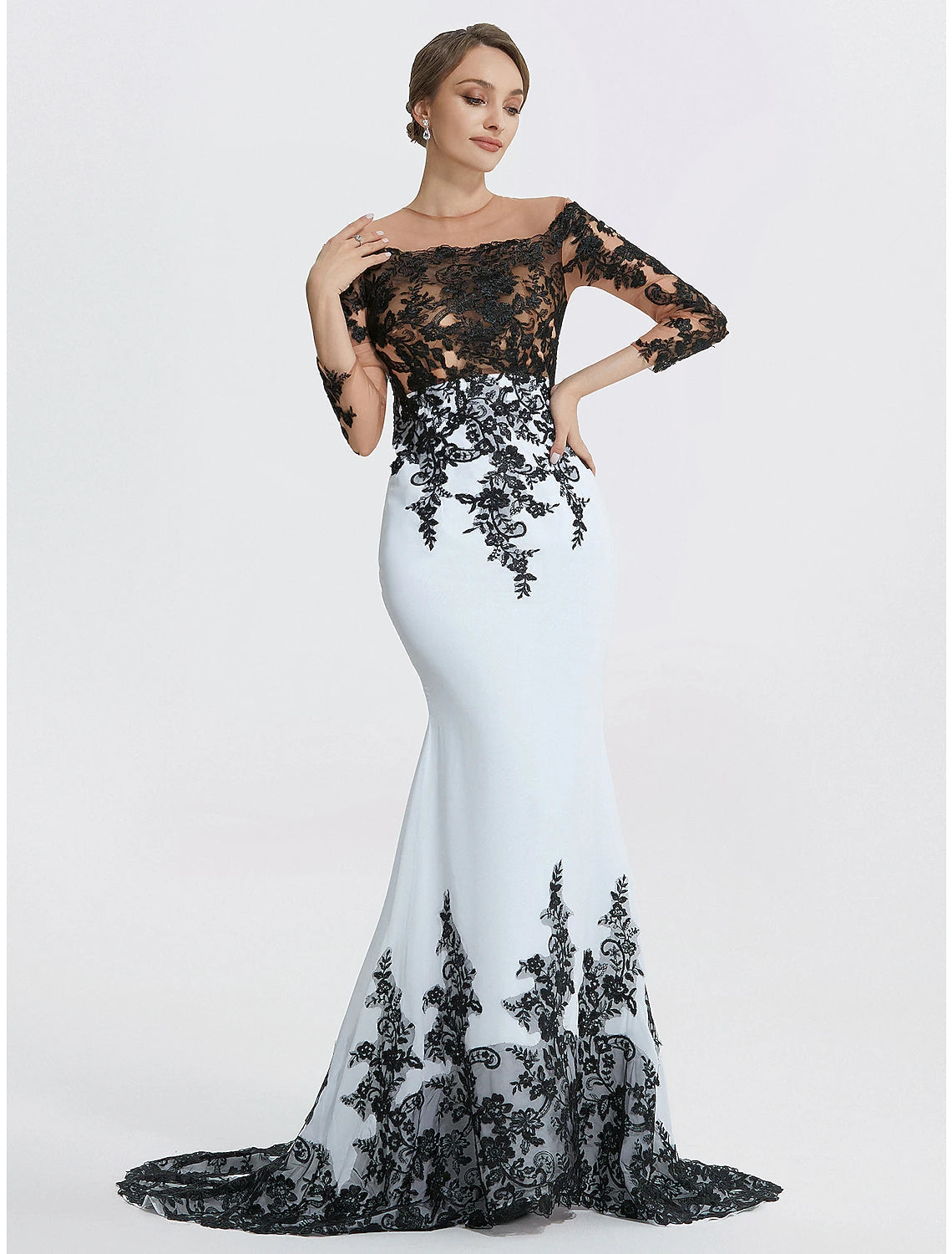 Luolandi Mermaid Evening Gown Elegant Black Dress Masquerade Black Tie Colorblock Sweep / Brush Train Long Sleeve Jewel Neck Chiffon