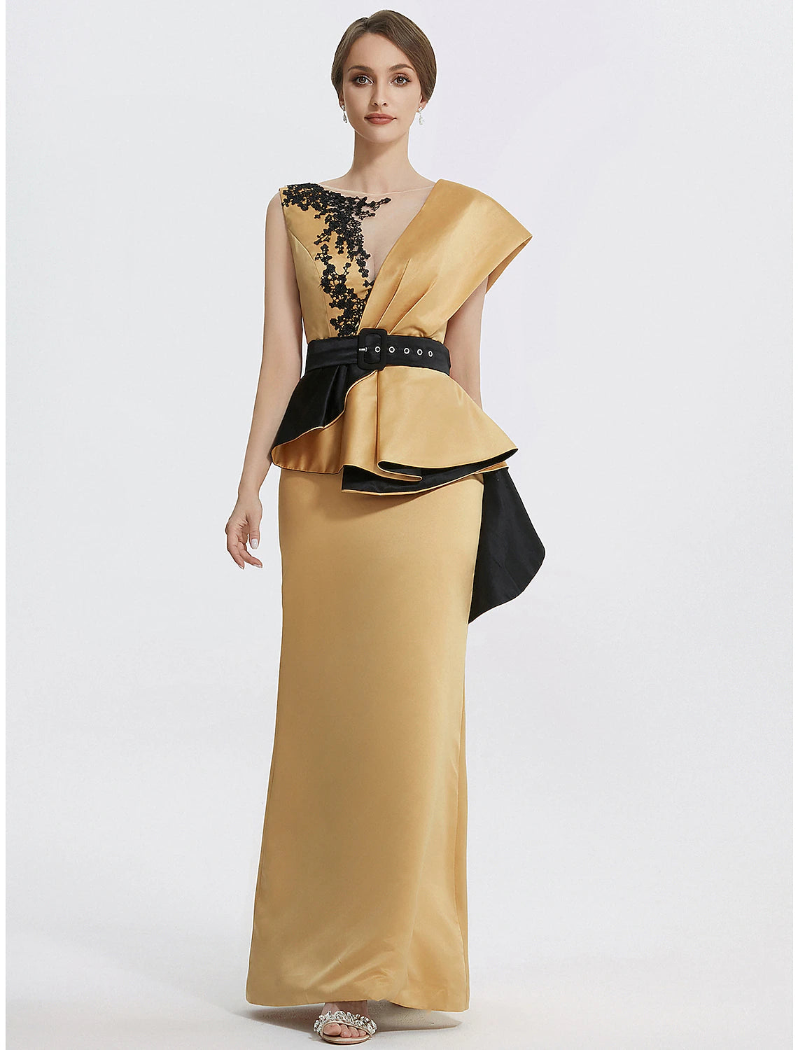 Luolandi Sheath / Column Evening Gown Elegant Dress Formal Floor Length Sleeveless Jewel Neck Satin with Embroidery