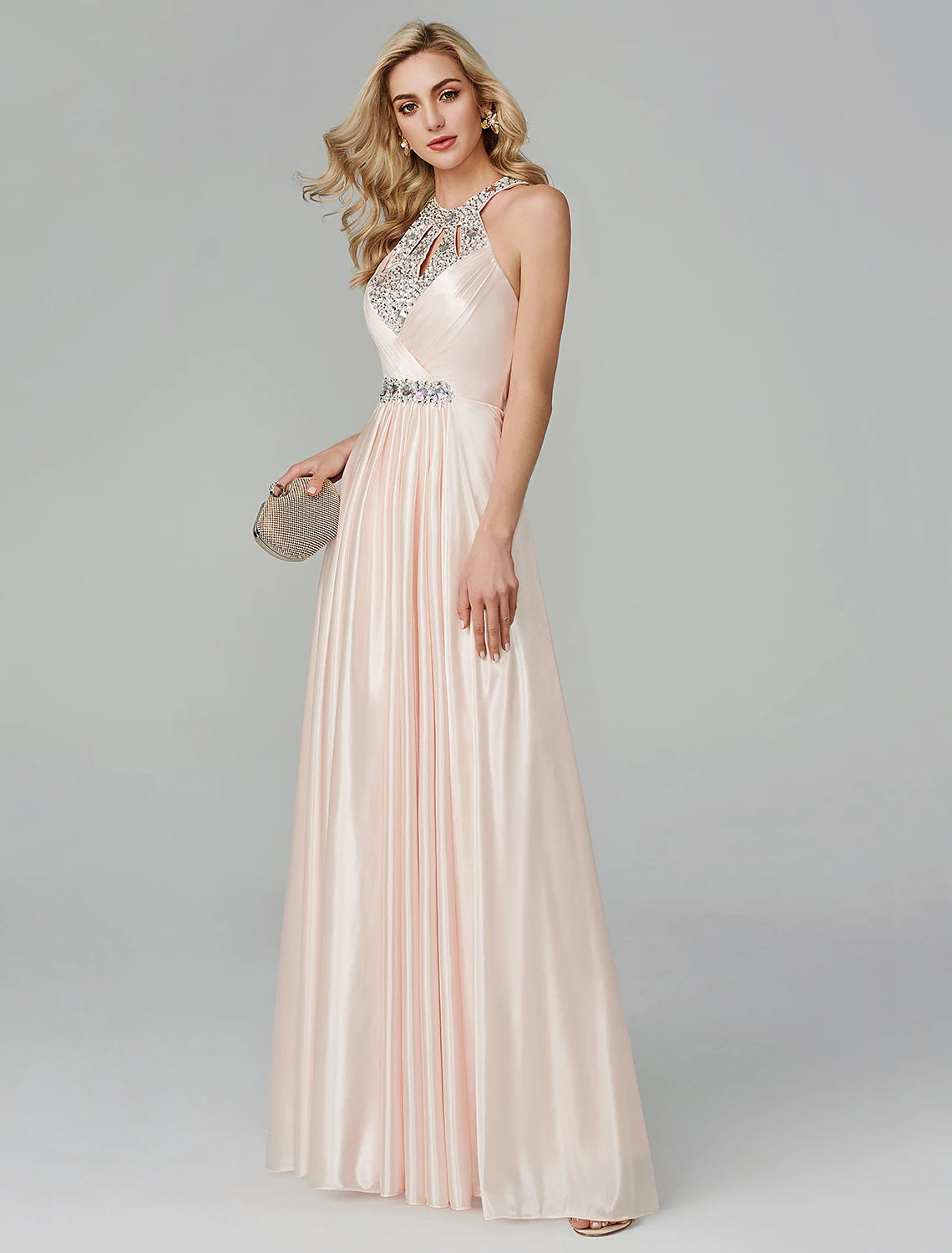 Luolandi A-Line Little Black Dress Dress Party Wear Wedding Guest Floor Length Sleeveless Halter Neck Silk Backless with Crystals