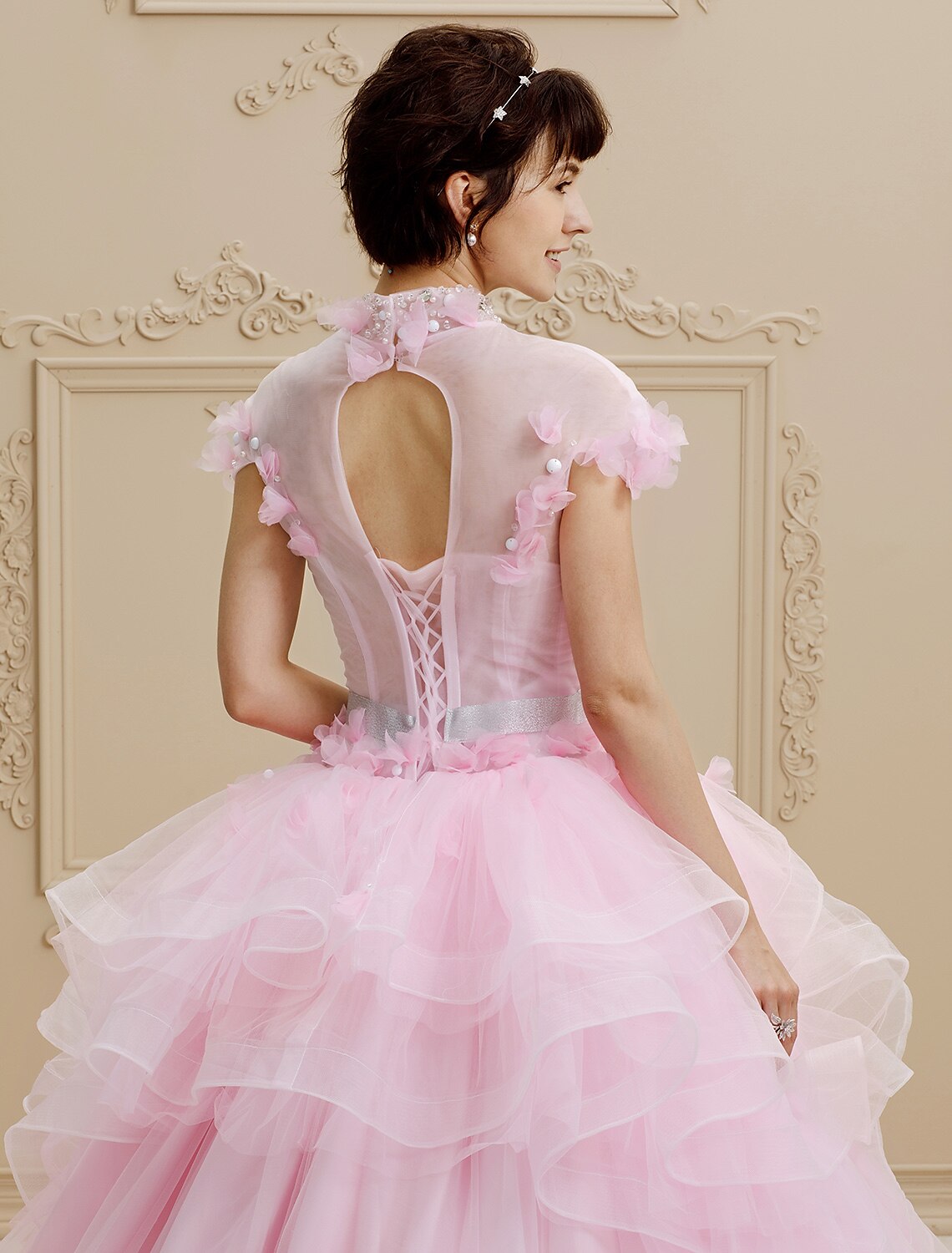 Luolandi Ball Gown High Neck Floor Length Organza Tulle Wedding Dress with Crystal Beading Bow