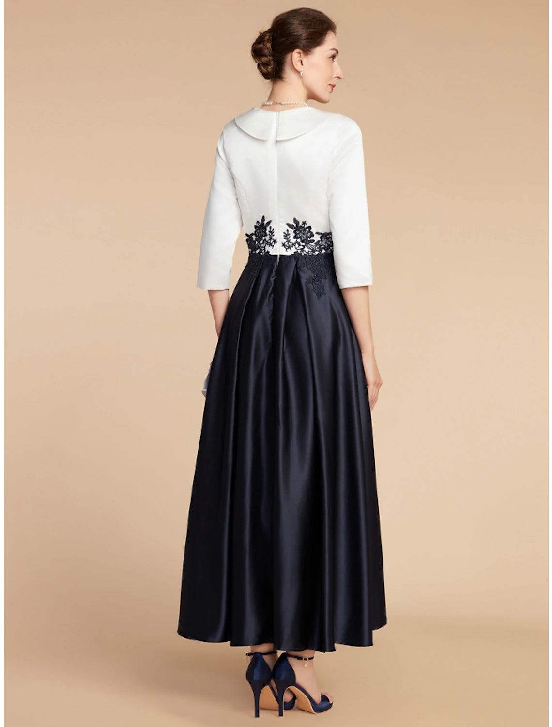 Luolandi A-Line Mother of the Bride Dress Wedding Guest Elegant Petite V Neck Asymmetrical Satin Lace Half Sleeve