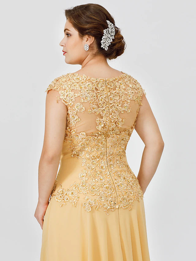 Luolandi A-Line Mother of the Bride Dress Plus Size Elegant Illusion Neck Sweep / Brush Train Chiffon Beaded Wedding Guest Dress