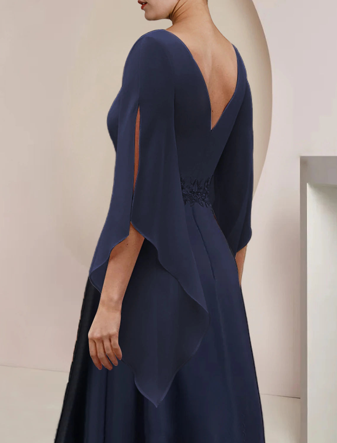 Luolandi A-Line Mother of the Bride Dress Wedding Guest Party Elegant Scoop Neck Tea Length Chiffon Lace 3/4 Length Sleeve