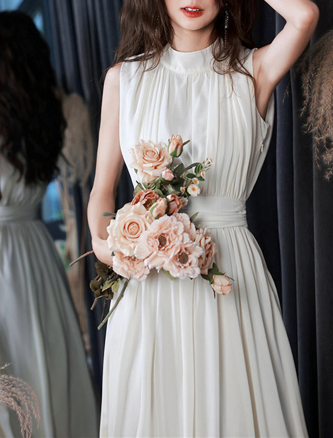 Luolandi Reception Little Dresses Wedding Dresses A-Line High Neck Sleeveless Tea Length Chiffon Bridal Gowns With Pleats