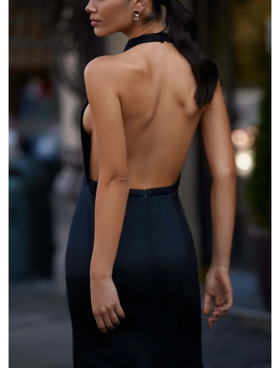 Luolandi Sheath / Column Prom Dresses Elegant Dress Wedding Guest Court Train Sleeveless Halter Satin with Slit