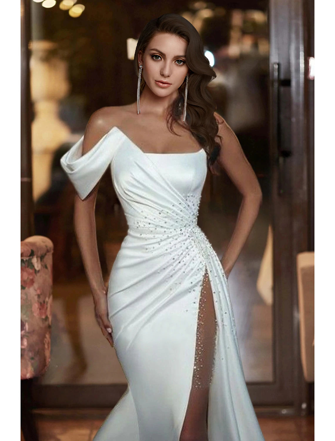 Luolandi Formal Wedding Dresses Mermaid / Trumpet Off Shoulder Sleeveless Court Train Satin Bridal Gowns