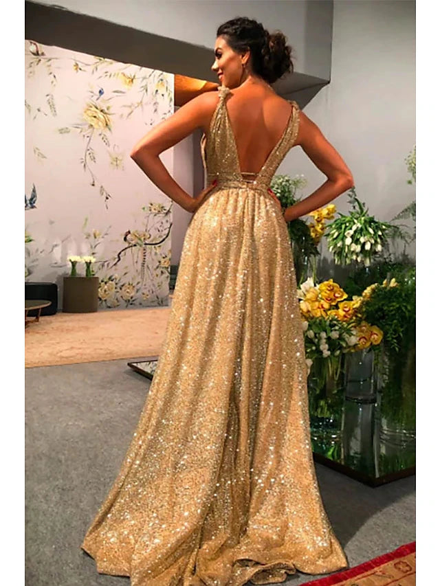 Luolandi A-Line Prom Dresses Glittering Dress Evening Party Sweep / Brush Train Sleeveless Spaghetti Strap Satin Backless