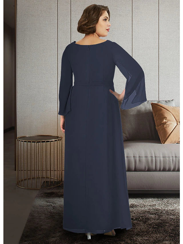 Luolandi A-Line Mother of the Bride Dress Plus Size Elegant V Neck Ankle Length Chiffon 3/4 Length Sleeve with Sash / Ribbon