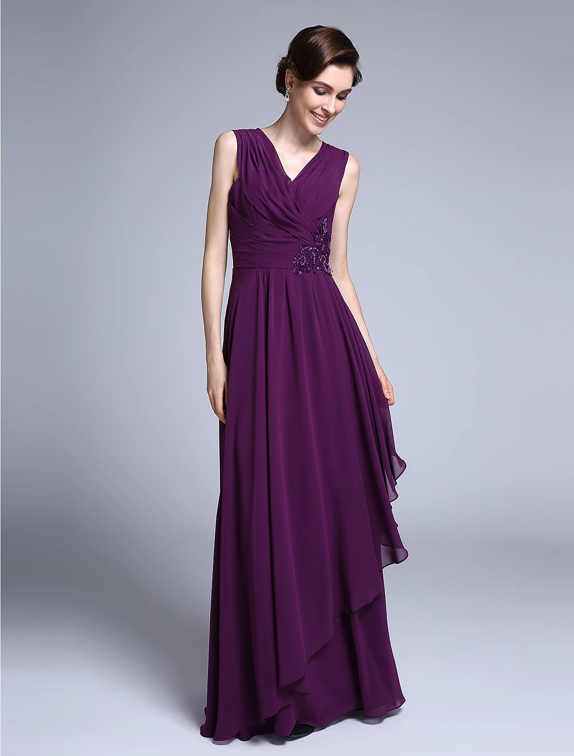 Luolandi Sheath / Column Mother of the Bride Dress Elegant V Neck Floor Length Chiffon Sleeveless