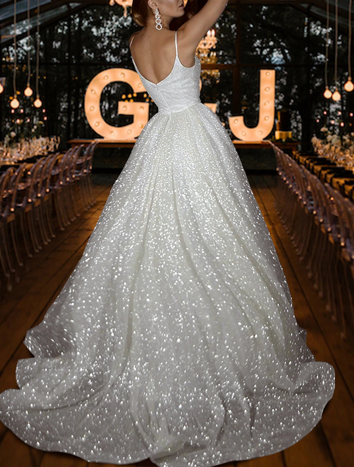 Luolandi Hall Sparkle & Shine Casual Wedding Dresses A-Line Camisole V Neck Spaghetti Strap Sweep / Brush Train Sequined Bridal Gowns