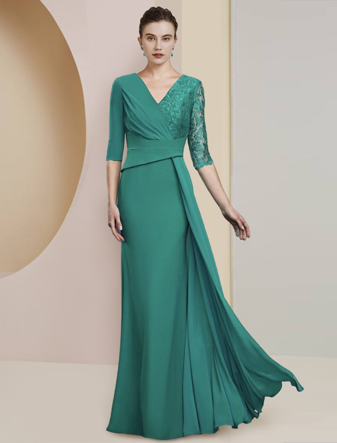 Luolandi Sheath / Column Mother of the Bride Dress Formal Wedding Guest Party Elegant V Neck Floor Length Chiffon Lace Half Sleeve