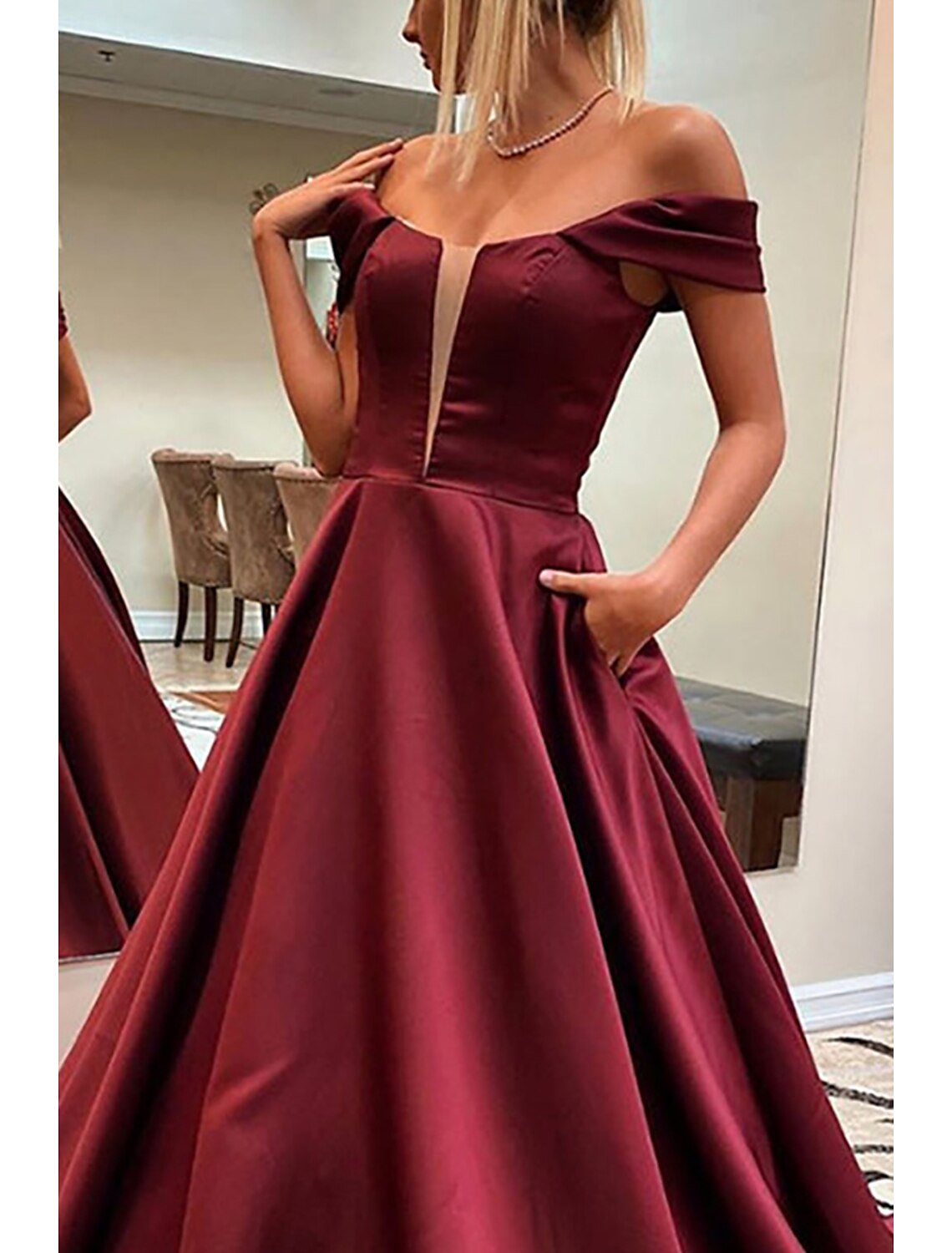Luolandi A-Line Prom Dresses Princess Dress Formal Sweep / Brush Train Sleeveless Off Shoulder Satin Backless